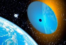 Illustration of giant space mirrors reflecting sunlight away from Earth as part of solar geoengineering