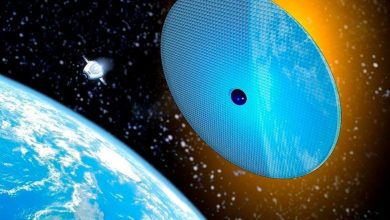 Illustration of giant space mirrors reflecting sunlight away from Earth as part of solar geoengineering