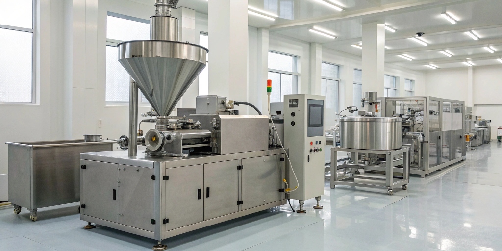 Industrial powder mixing process illustrated with modern equipment, highlighting practical approaches and advanced solutions in manufacturing.