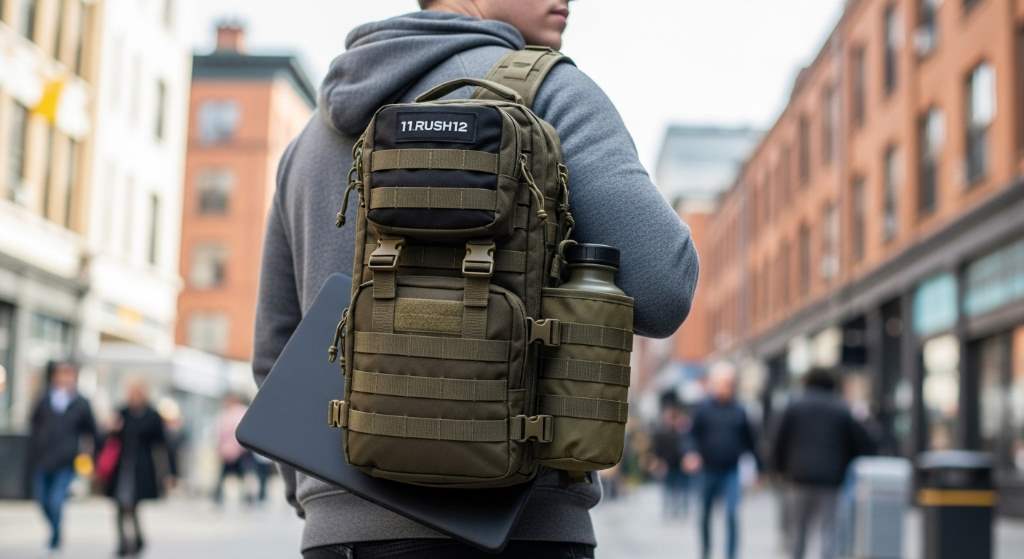 11 RUSH12 MOLLE bag in urban commute with laptop and pouches