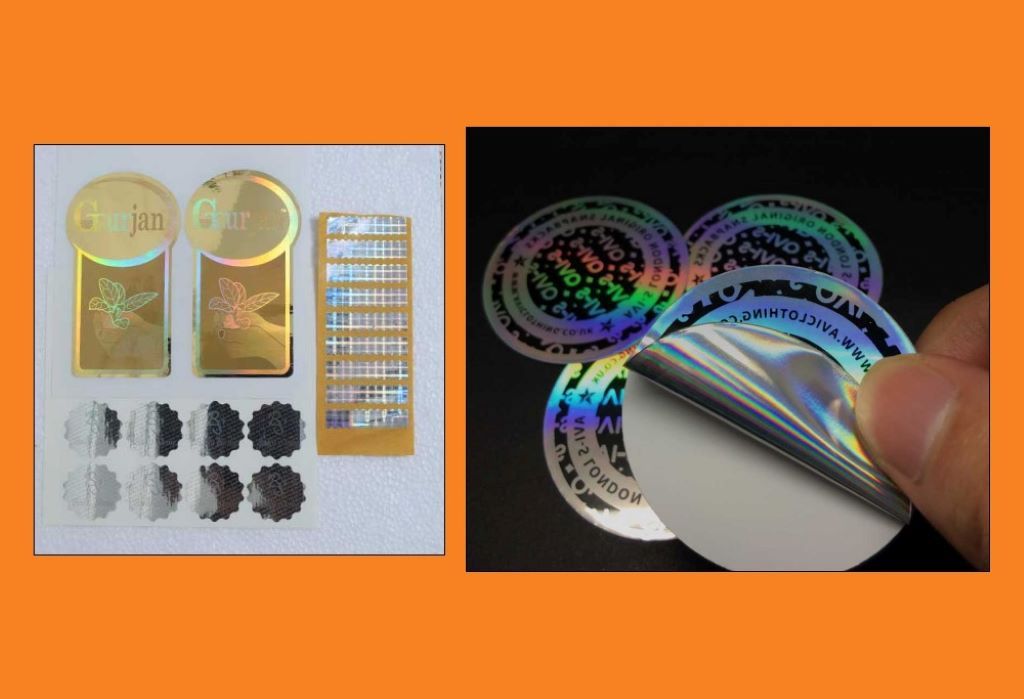 Holographic security label on authentic luxury product certificate displaying anti-counterfeit protection features