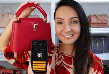 Luxury handbag with RFID authentication tag being scanned by smartphone showing verification technology in action