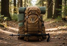 Mystery Ranch 2 Day Assault Pack loaded with camping gear on forest trail