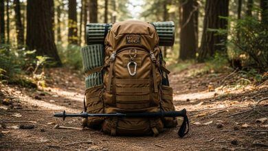 Mystery Ranch 2 Day Assault Pack loaded with camping gear on forest trail