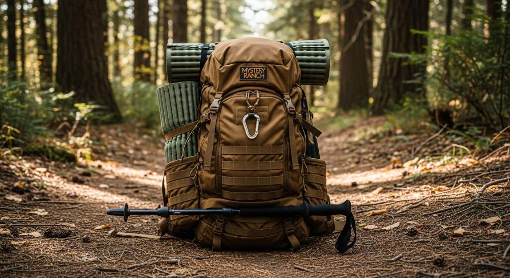 Mystery Ranch 2 Day Assault Pack loaded with camping gear on forest trail