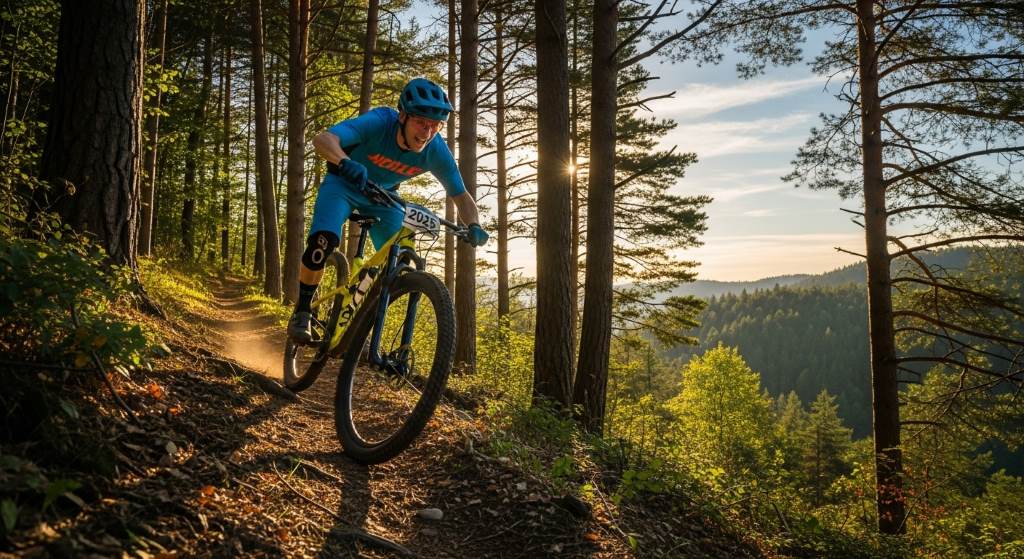 Group of friends sharing laughs while testing affordable 2025 mountain bikes on a sunny singletrack descent.