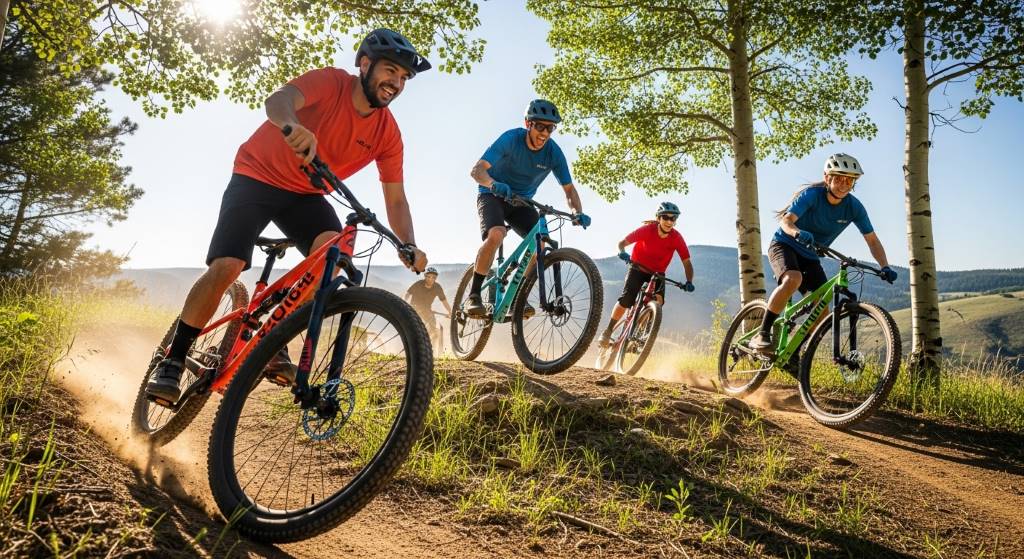 Group of friends sharing laughs while testing affordable 2025 mountain bikes on a sunny singletrack descent.