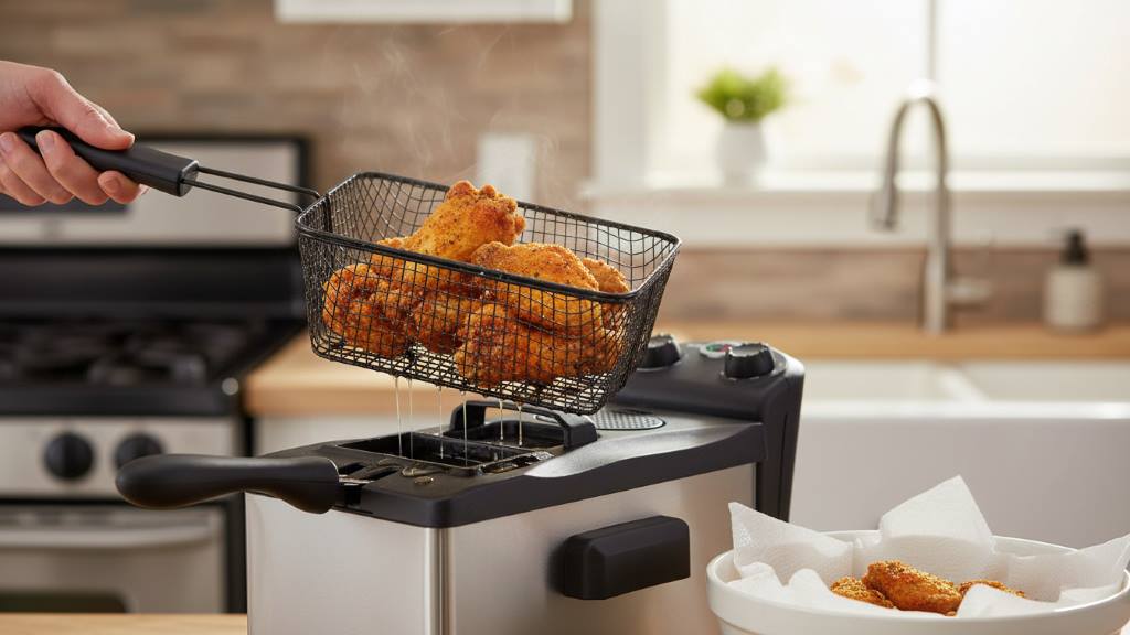 Crispy chicken wings drained from fryer basket.