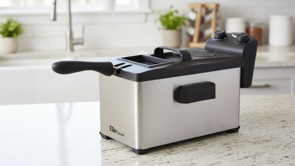Elite Gourmet EDF2100 deep fryer with viewing lid on kitchen counter