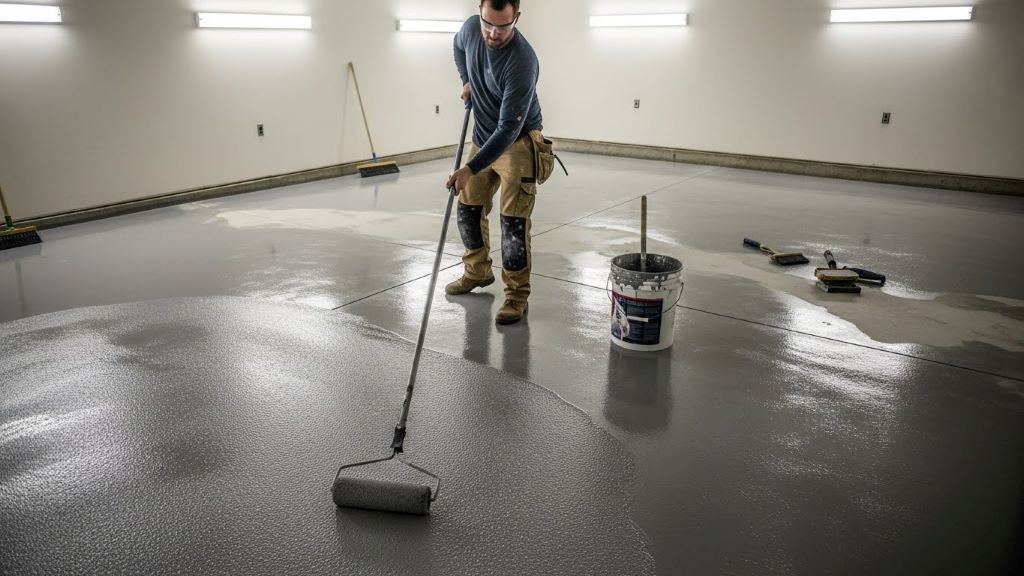 Person applying epoxy coating to concrete garage floor using paint roller with anti slip additives mixed in