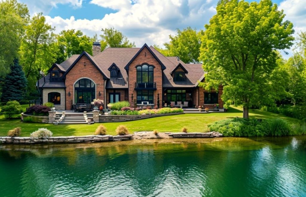 Open-concept living area in a lakefront home designed for gatherings.