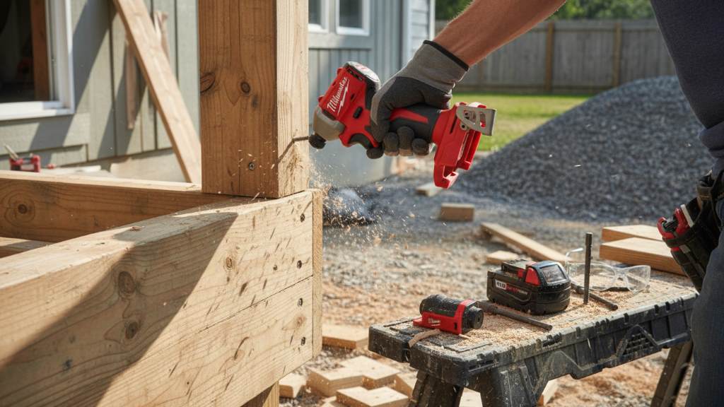 cordless impact driver on a construction site, demonstrating its power on deck framing with batteries and bits nearby