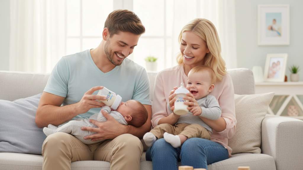 Happy parents holding Philips Avent anti-colic bottles during family feeding time.