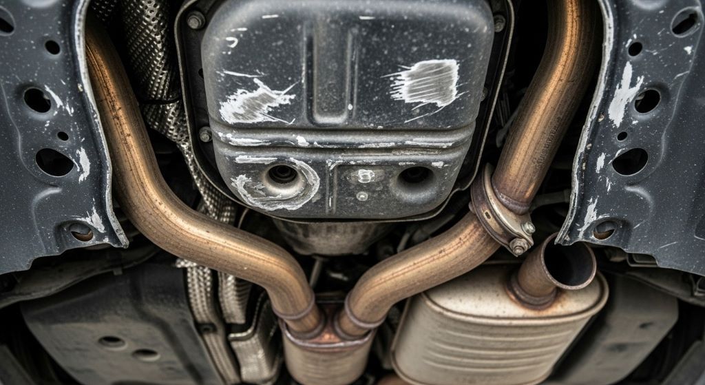 Close-up view of damaged automobile undercarriage showing dented oil pan and bent exhaust components