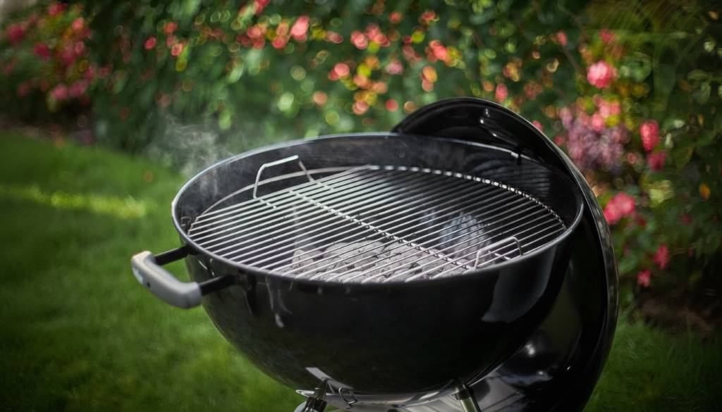 porcelain-enameled bowl and lid on a Weber Original Kettle 22-inch grill showing glossy black finish