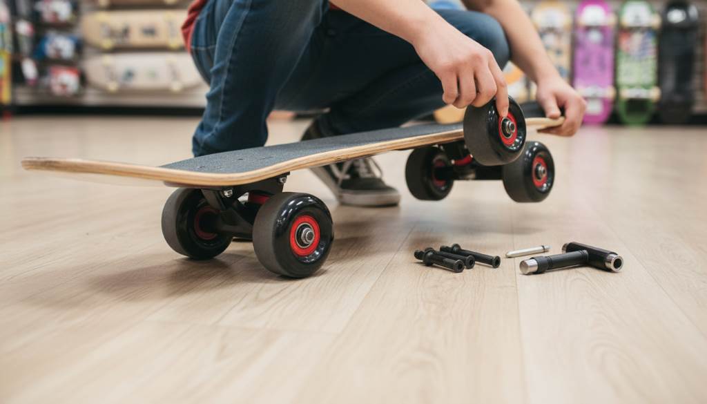 Beginner rider testing wheel spin on a durable maple skateboard setup