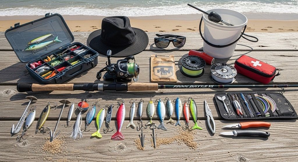 Beginner surf fishing equipment laid out on sand