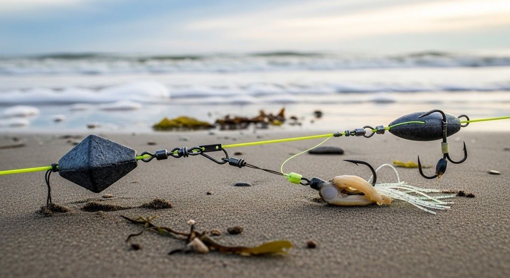 High-low striped bass surf rig tied with circle hooks