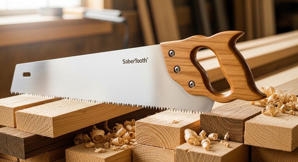 Different types of hand saws for wood cutting on workbench
