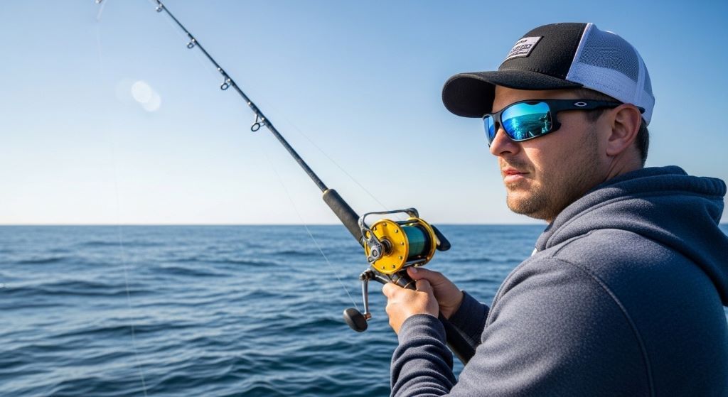 Angler wearing wraparound polarized sunglasses while deep sea fishing, demonstrating proper eye protection for offshore saltwater conditions