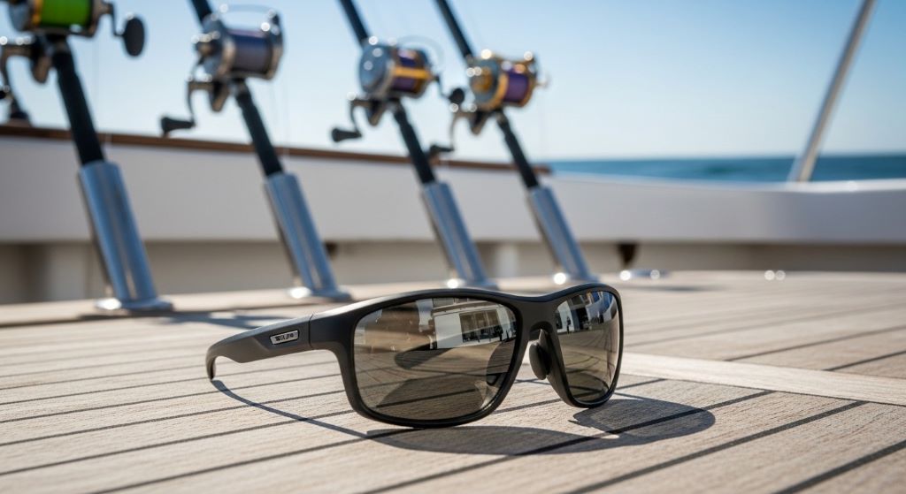 High-quality polarized fishing sunglasses with corrosion-resistant frames displayed on boat deck with saltwater fishing rods in background