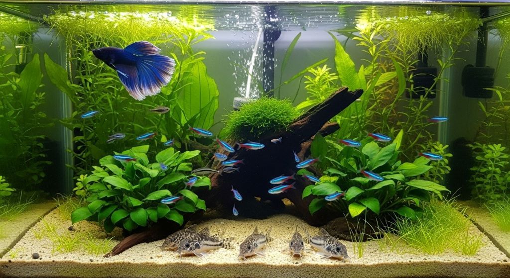 Peaceful community aquarium featuring a blue betta fish coexisting with small schooling tetras and bottom-dwelling catfish
