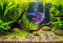 Colorful betta fish swimming peacefully with corydoras catfish in a planted freshwater aquarium community tank