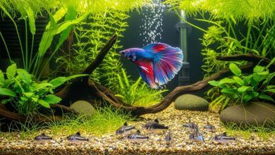 Colorful betta fish swimming peacefully with corydoras catfish in a planted freshwater aquarium community tank