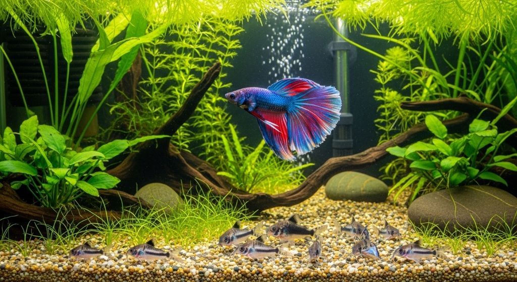 Colorful betta fish swimming peacefully with corydoras catfish in a planted freshwater aquarium community tank