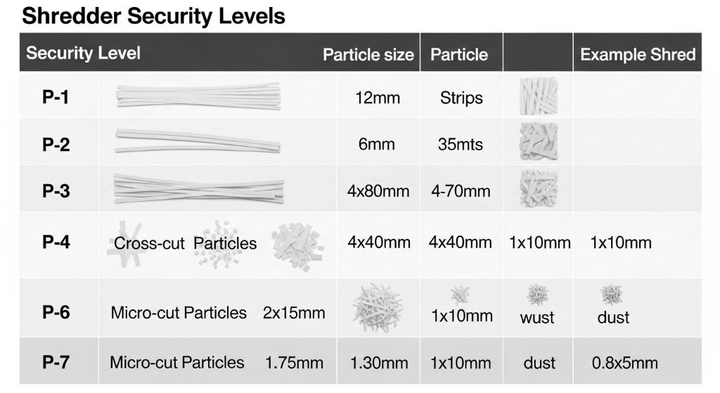 Comparison chart showing different shredder security levels from P-1 through P-7 with particle size examples