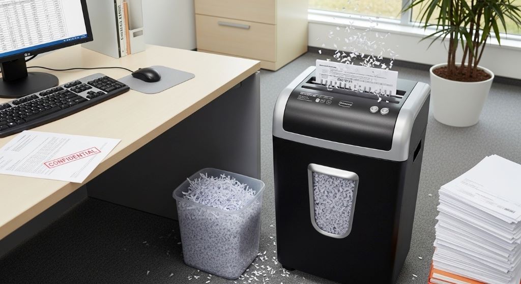 Office shredder creating small paper particles for secure document destruction in workplace setting