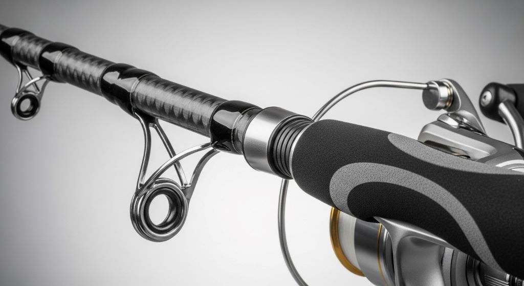 Affordable fishing rod with quality components displayed showing graphite blank, ceramic guides, and comfortable EVA handle for budget-conscious anglers