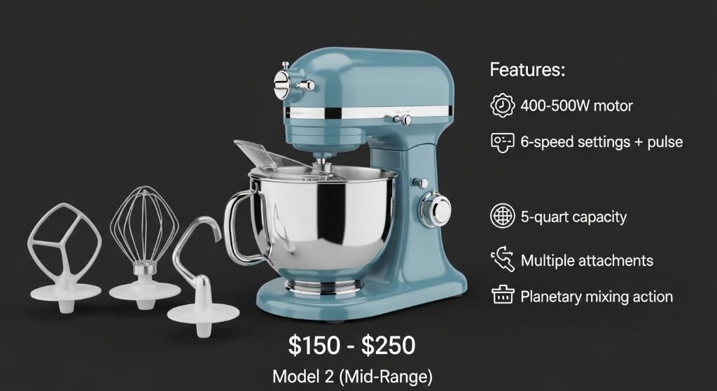 Comparison of different stand mixer models showing various price ranges and features for budget-conscious shoppers