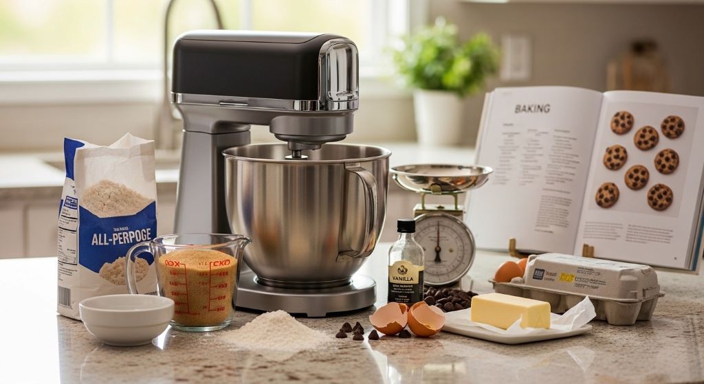 Modern stand mixer with stainless steel bowl on kitchen counter surrounded by baking ingredients