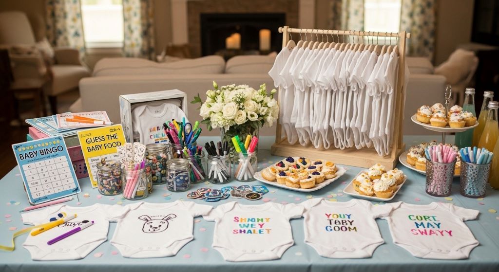 Baby shower game supplies and decorated onesies on table for intimate home celebration