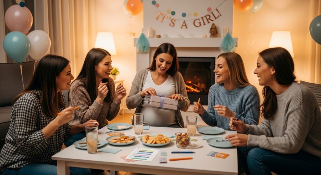 Small group of women playing baby shower games together in cozy home living room setting