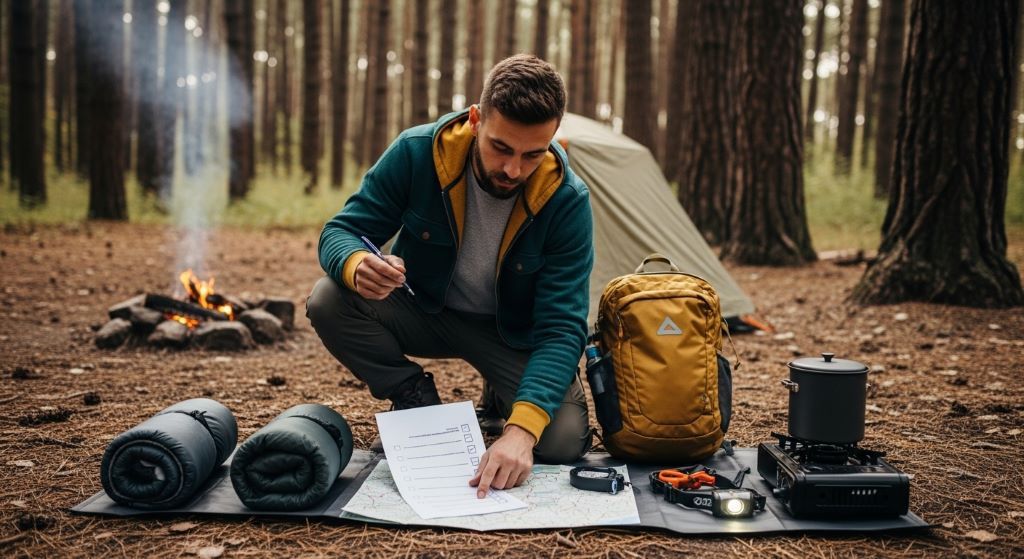 A man reviewing a printed outdoor travel checklist at a campsite surrounded by organized camping equipment and a forest background