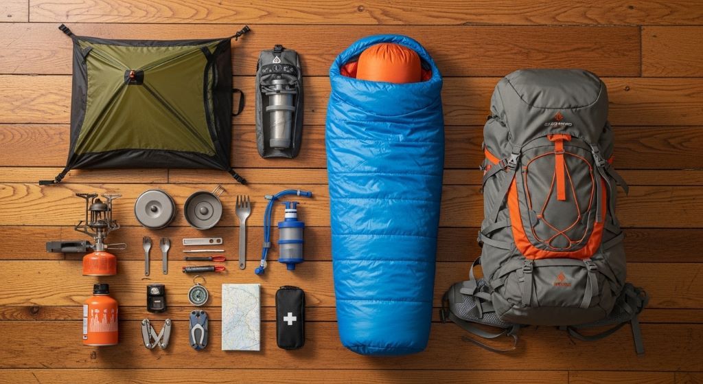 A hiker’s camping gear laid out on a wooden floor, including a tent, sleeping bag, backpack, and cooking tools organized by category