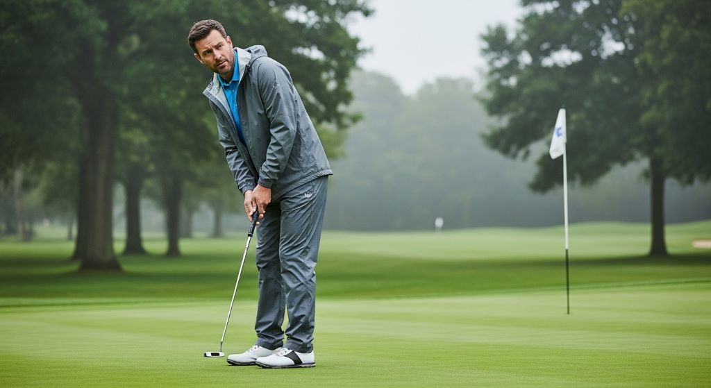 golfer wearing breathable rain pants in humid weather