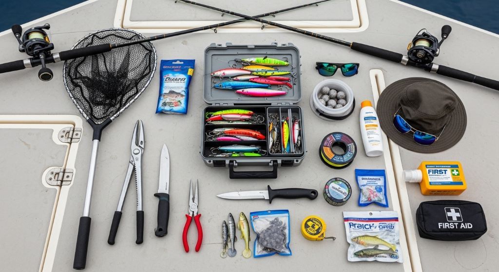 Essential saltwater fishing tools and accessories arranged on a boat