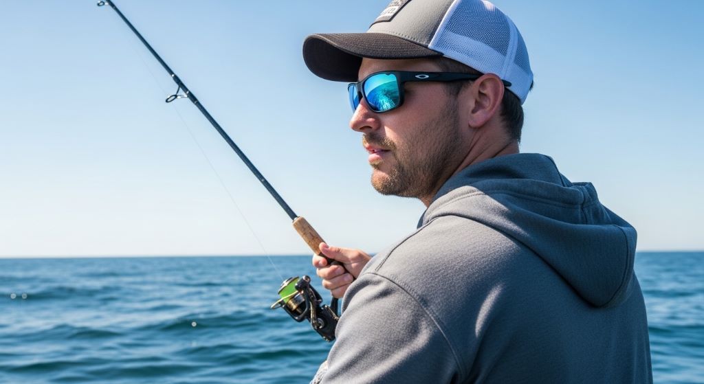 Angler using polarized sunglasses while fishing in the ocean