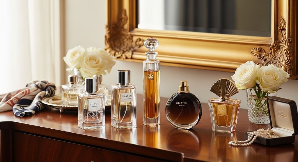 Selection of designer perfumes displayed on a vanity table