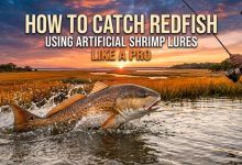 soft plastic shrimp lure rigged on jig head for redfish fishing