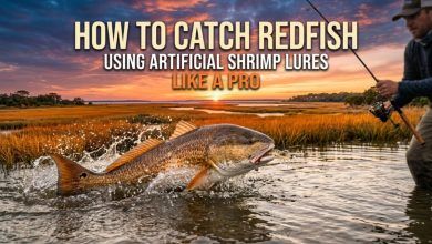 soft plastic shrimp lure rigged on jig head for redfish fishing