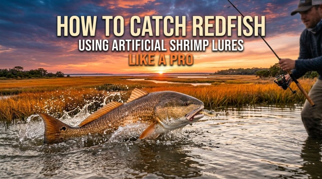 soft plastic shrimp lure rigged on jig head for redfish fishing