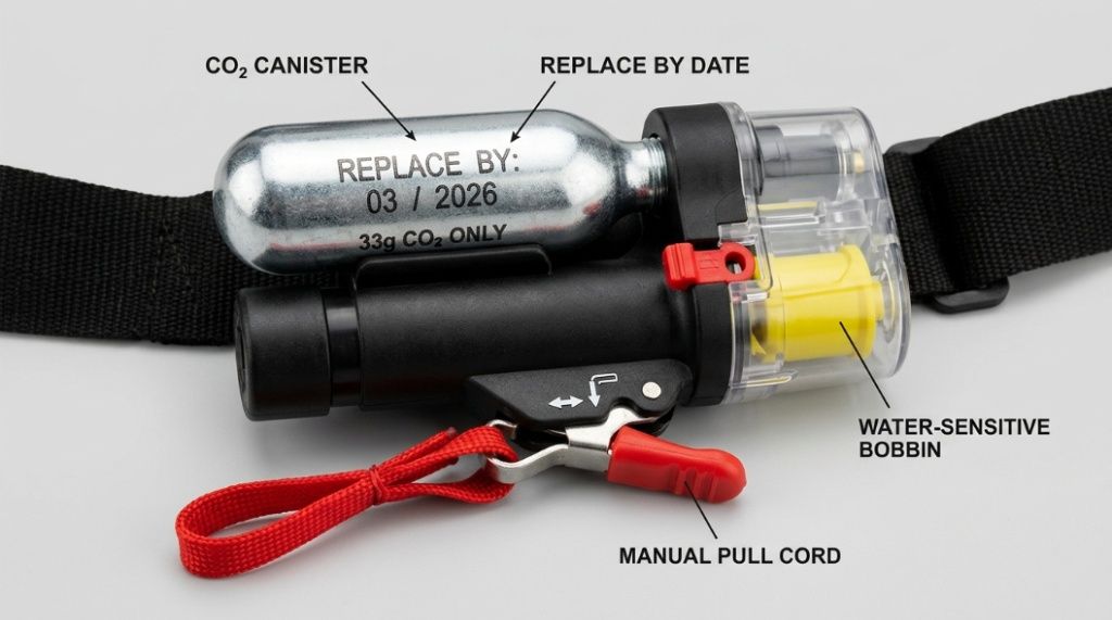 Automatic inflatable life jacket with visible CO2 cartridge and safety straps