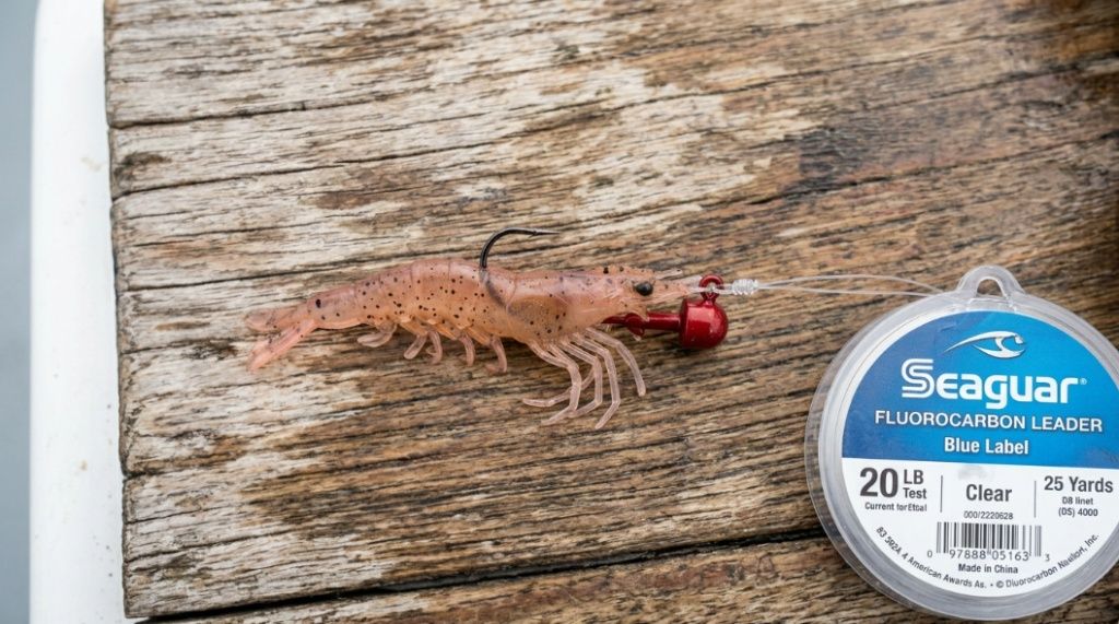 angler retrieving shrimp lure slowly near bottom for redfish