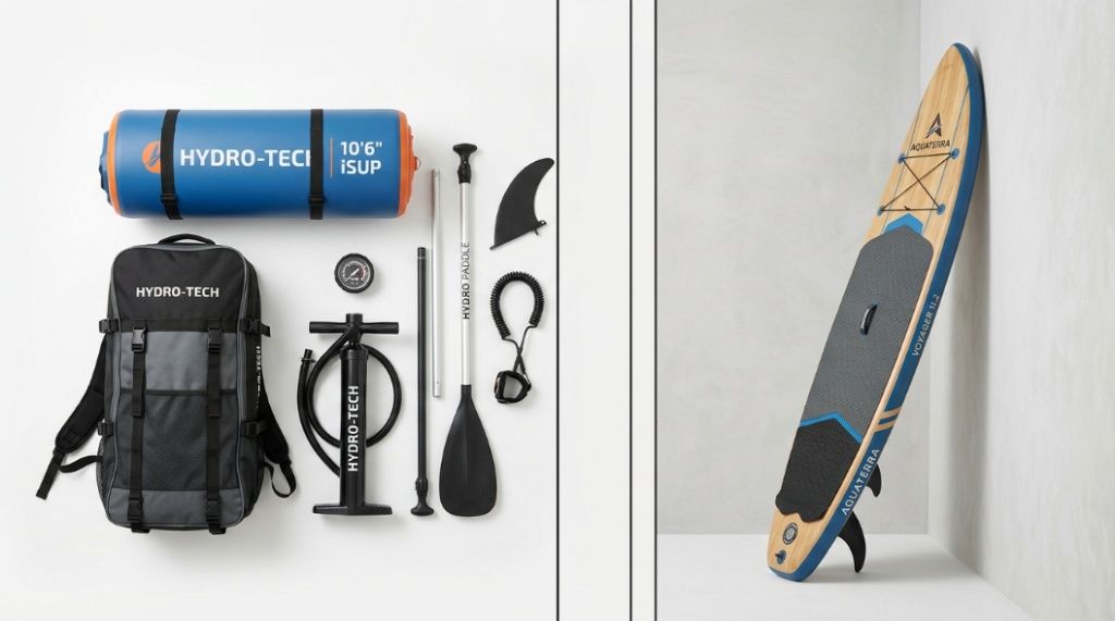 Side-by-side comparison of an inflatable paddle board kit and a solid epoxy paddle board.