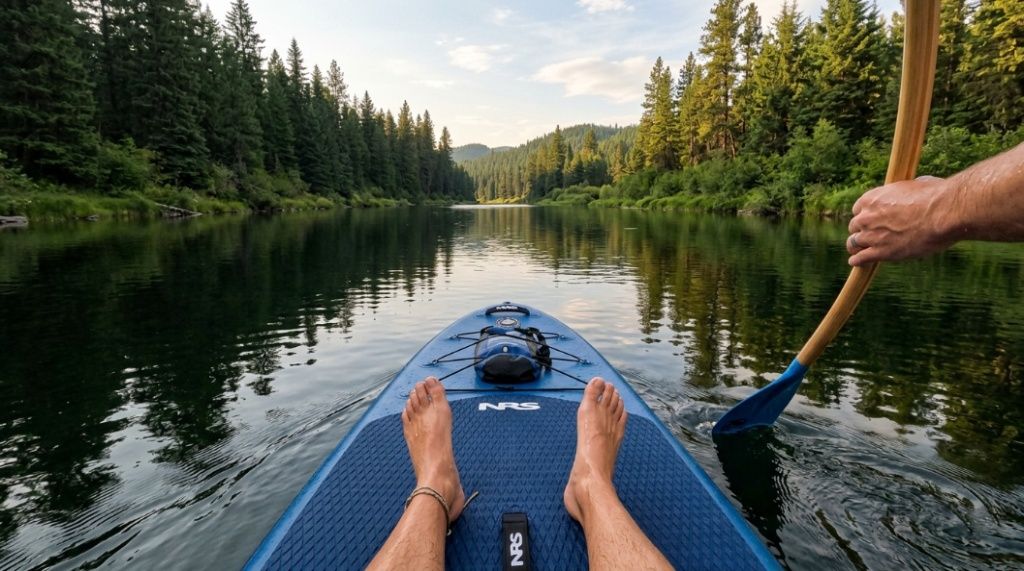 First-person view of someone paddling on a calm river with pine trees in the background.
