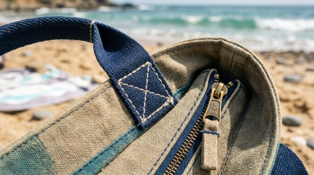 Close-up of reinforced stitching and rust-resistant zipper on a long-lasting beach bag designed for summer use